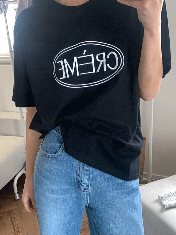 [무료배송] 크림 박시 루즈핏 자수 반팔 티셔츠
